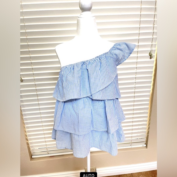 Super Cute ‘BiBi’ Blue White Stripe Gingham One Shoulder Top- Small - Picture 7 of 15